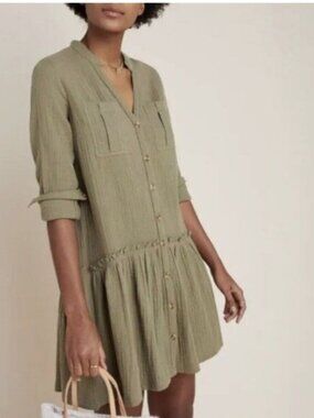 NWT Maeve Anthropologie Olive Green Katie Textured Utility Tunic Dress Size 14